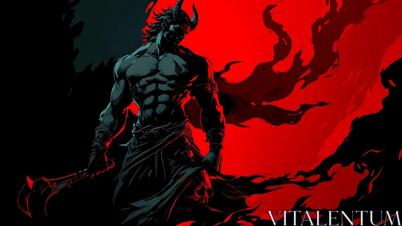 Horned demon warrior stands in red and black flames.