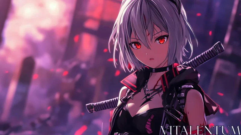 Silver haired anime swordswoman with twin katanas in burning ruins