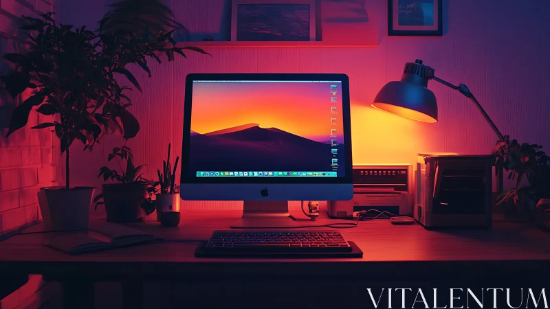 Desktop workspace glows under vibrant neon gradient lighting