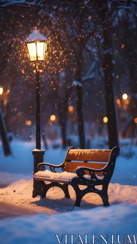 Snowlit park bench under ember-glow lamppost hushes night.