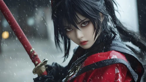 Samurai warrior girl in rain with red sword, intense gaze.
