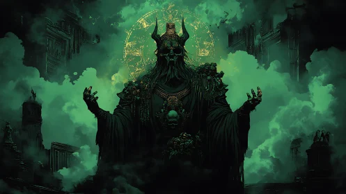 Dark sovereign in occult emerald mist, centered frontal composition.