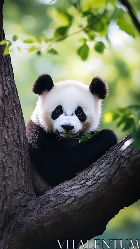 Tree-hugging panda pauses mid-snack and studies the light