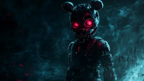 Nightmarish red-eyed robot bear in smoky teal void.