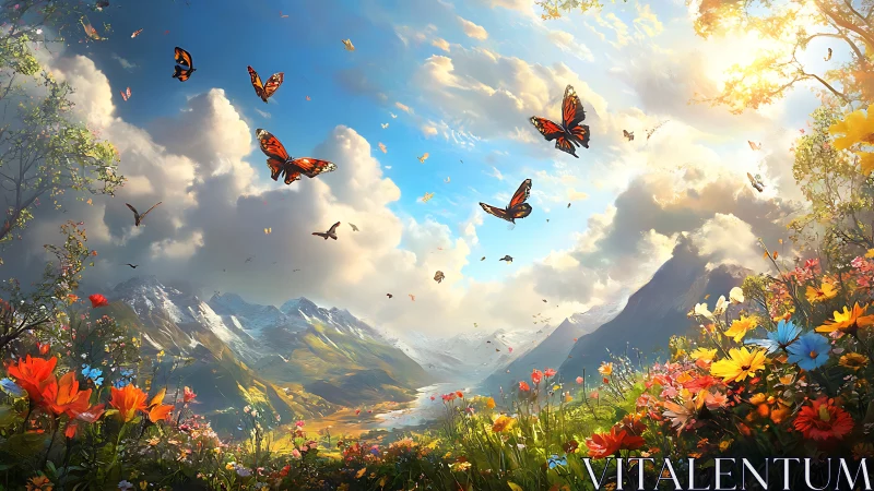 Butterflies over bright alpine valley with wildflower meadows.