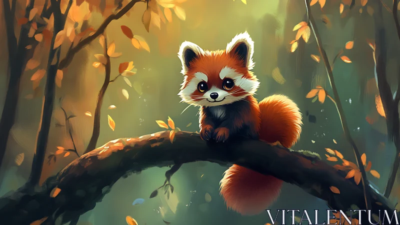 Digital red panda on mossy branch in soft autumn forest light