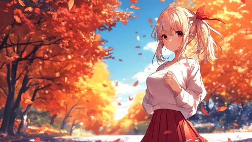 Anime girl walks through glowing autumn leaves in soft light