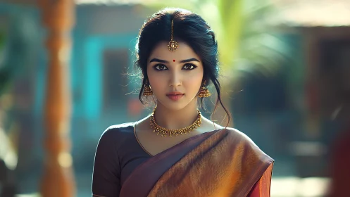 Graceful woman in traditional saree meets the viewer’s gaze