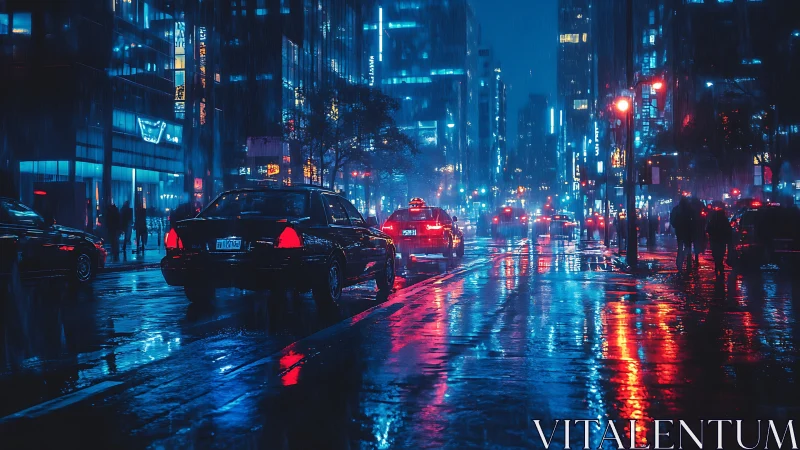 Neon lit rainy city street with cars and wet reflections.