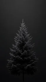 Solitary snow-dusted evergreen under deep black backdrop.