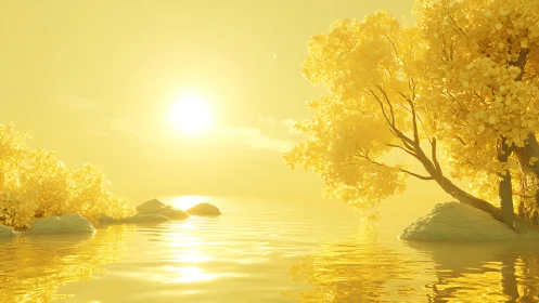 Monochromatic golden lakeside trees under intense backlit sun glow