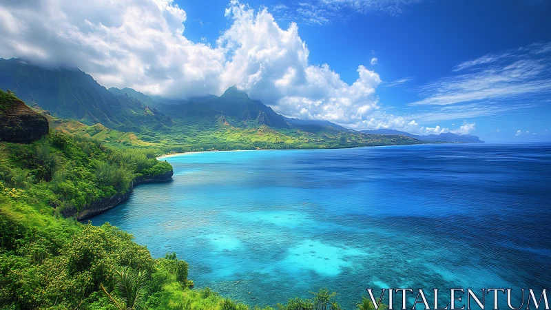 Volcanic Coastal Landscape: Majestic Island Seascape with Verdant Peaks.