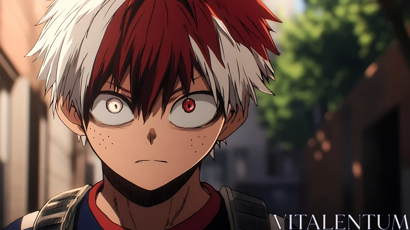 Intense red and white haired teen pauses on a sunny street.