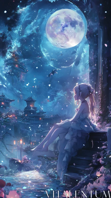 Moonlit dreamer leans above a river of drifting lanterns