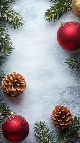 Christmas ornaments and pine branches frame a snowy surface