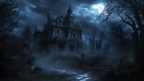Moonlit haunted mansion looms above a fog-choked forest