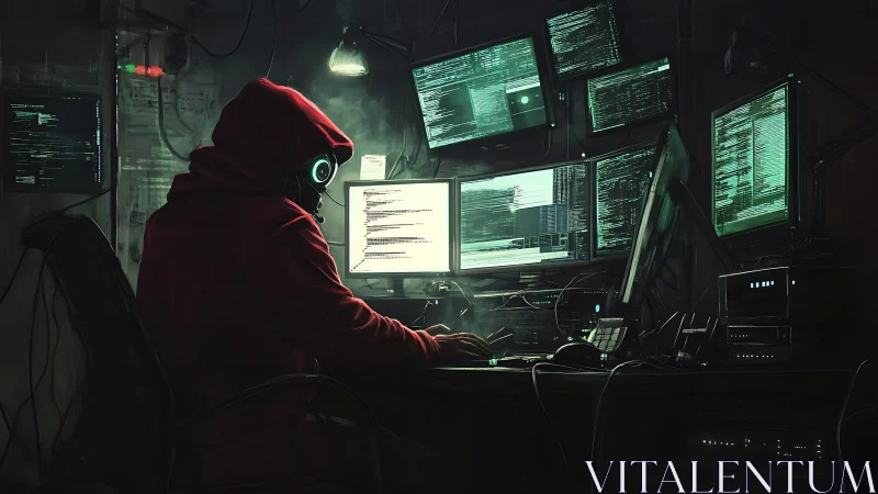 Hooded hacker bends over glowing monitors in a tense cyber lair