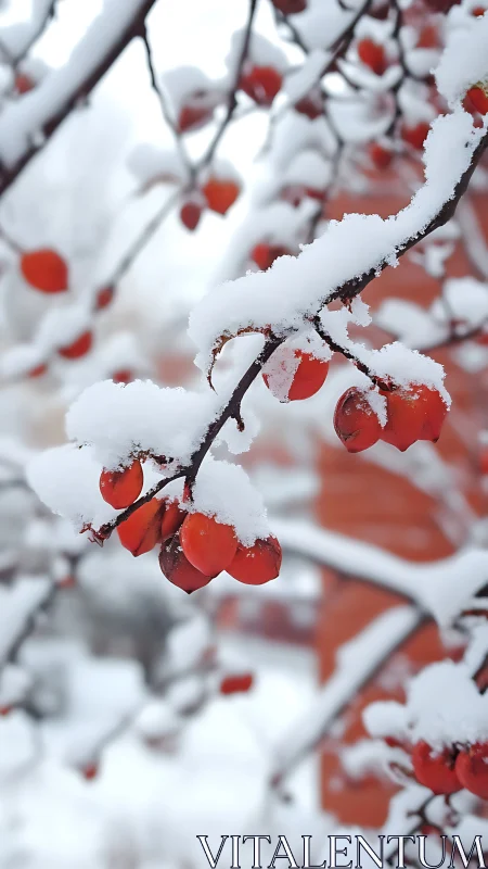 Snow-laden red berries contrast sharply against soft bokeh field