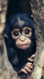 Close-up portrait isolates infant monkey within rugged crevice