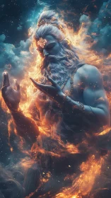 Serene cosmic deity wrapped in swirling celestial fire.