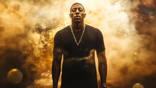 Confident Man Stands Against Golden Flame Background.