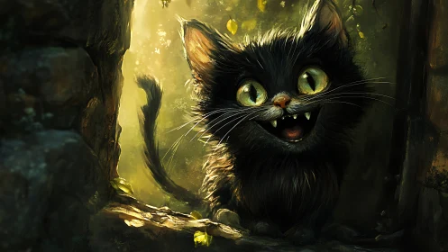 Black kitten with wide eyes in glowing forest light.
