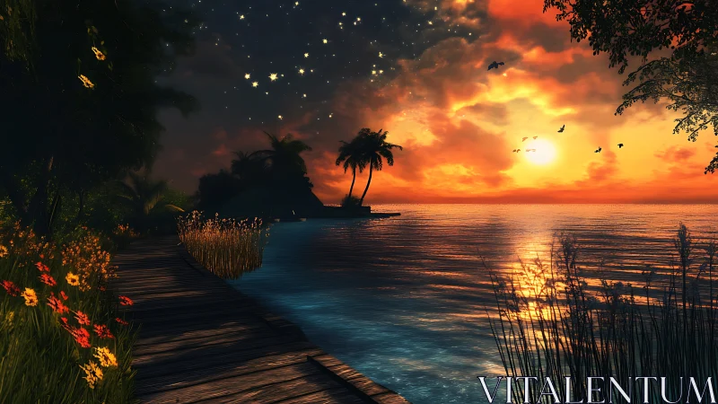 Tropical Island Sunset with Palm Trees and Stars.