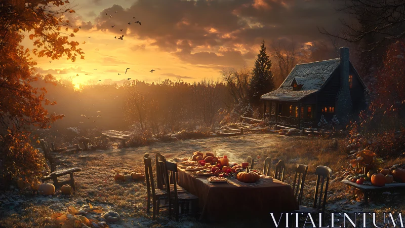 Autumn harvest table glows before rustic cabin at sunset