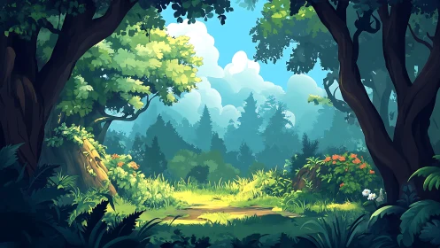 Forest clearing with large trees framing distant mountains and sky.