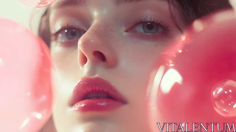 Soft close-up portrait amid pink translucent spheres.