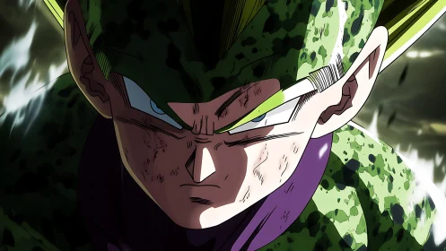 Battle-scarred green warrior narrows his fierce electric gaze