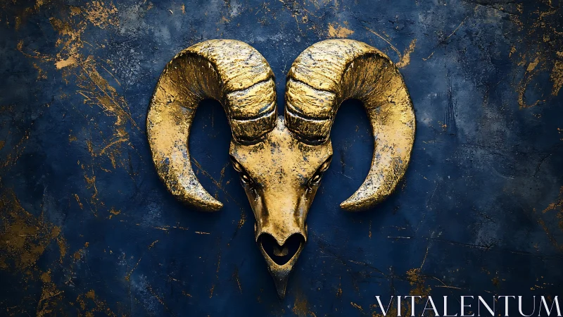 Gilded ram skull relief on distressed indigo textured field.