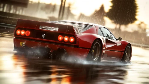 Red rain-slick supercar drifting through golden stormlight.