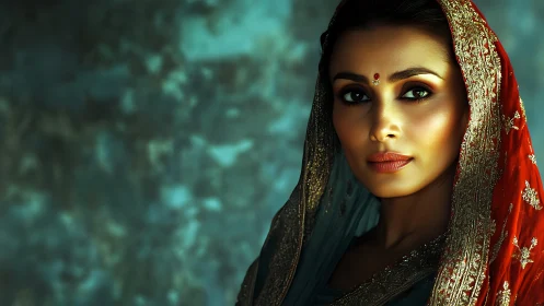 High-contrast portrait of woman in embroidered red dupatta