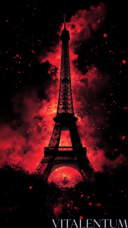 Eiffel Tower glowing in fiery red against a dreamy night sky.