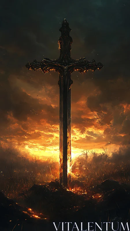 Burning ornate sword standing over a scorched horizon.