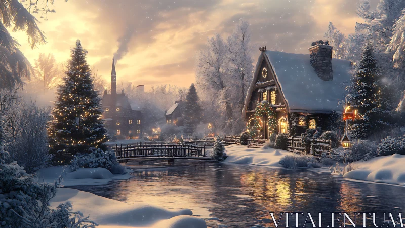 Snowy cottage glows beside river under golden winter sky.