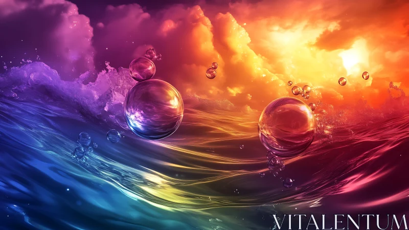 Iridescent water orbs drift across a radiant neon sunset sea
