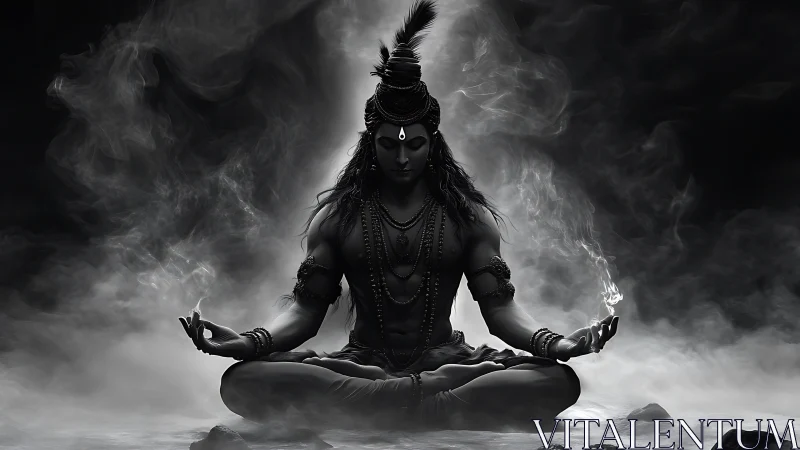 Monochrome meditative deity rendered in dramatic chiaroscuro lighting