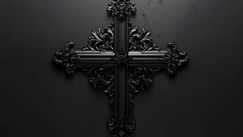 Ornate black cross with baroque detail on dark surface.