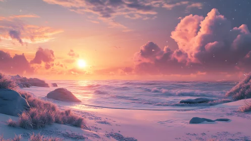 Iridescent pastel shoreline sunset with volumetric cloudscape