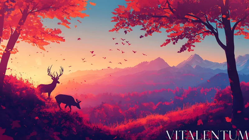 Crimson valley deer silhouettes in radiant autumn sunrise.