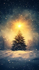 Snow-covered conifer stands under intense radial light source