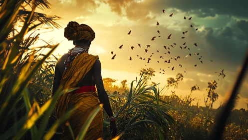 Woman in patterned wrap walking through tall grass at dusk.