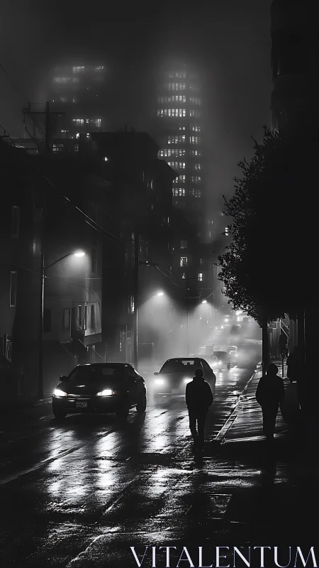 Foggy city street glows under wet asphalt reflections.