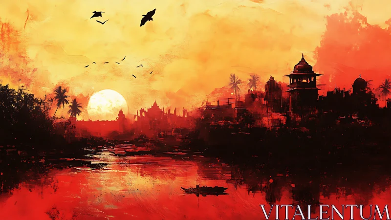 Fiery riverfront skyline dissolves into abstract sunset haze