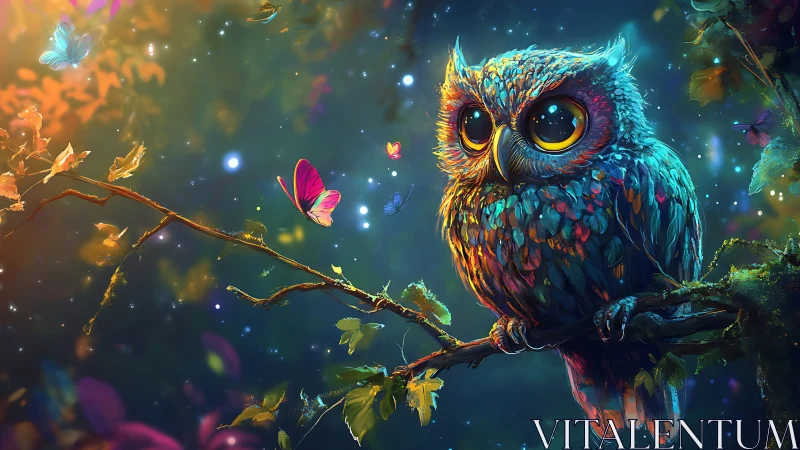 Whimsical Owl on Branch in Vibrant Fantasy Forest Artwork.
