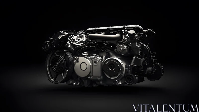 Detailed automotive engine close-up on black background, modern style.