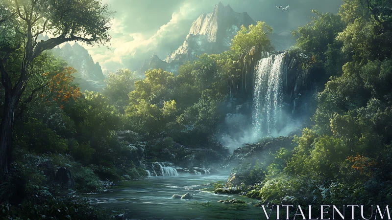 Luminous mountain cascade in verdant fantasy landscape design.