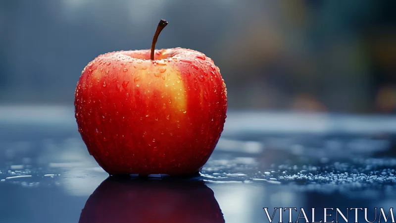 Red apple with water droplets rests on reflective surface